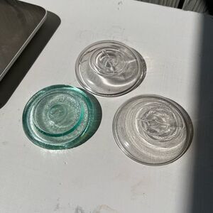 Lot of 3 Antique Mason Jar Lids – Ball & Kerr Clear + Green Glass